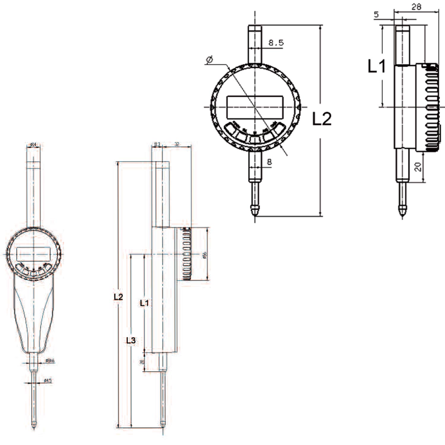 Digital Messuhr mit 0,001mm Ablesung und drehbarer Anzeige.