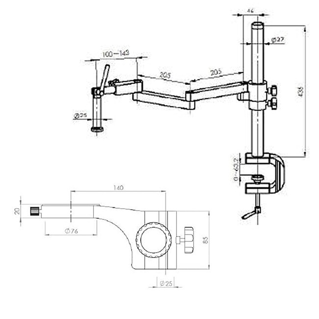 Abmessungen zum Stereomikroskop mit Gelengarm